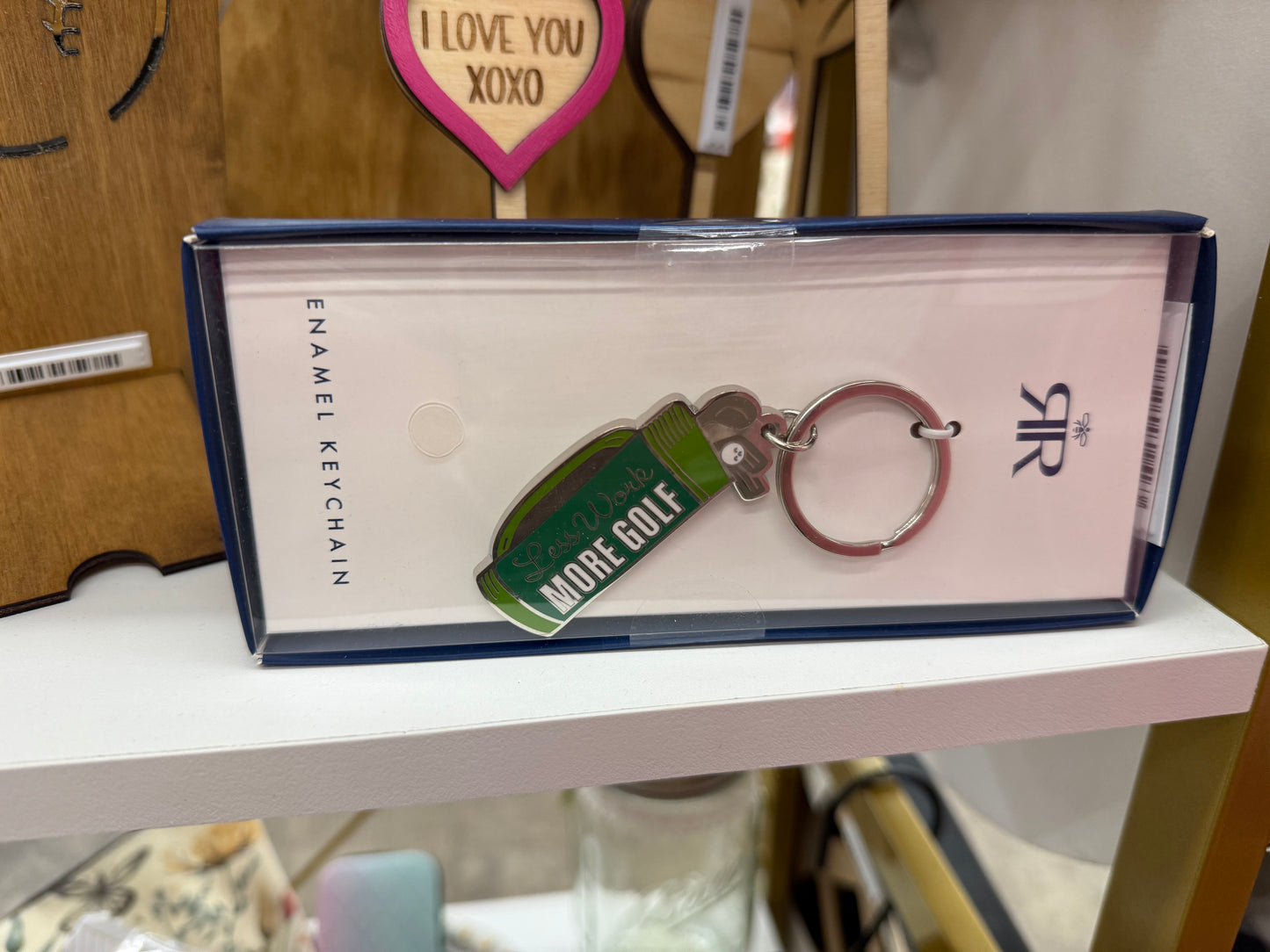 Less Work, More Golf Keychain in box