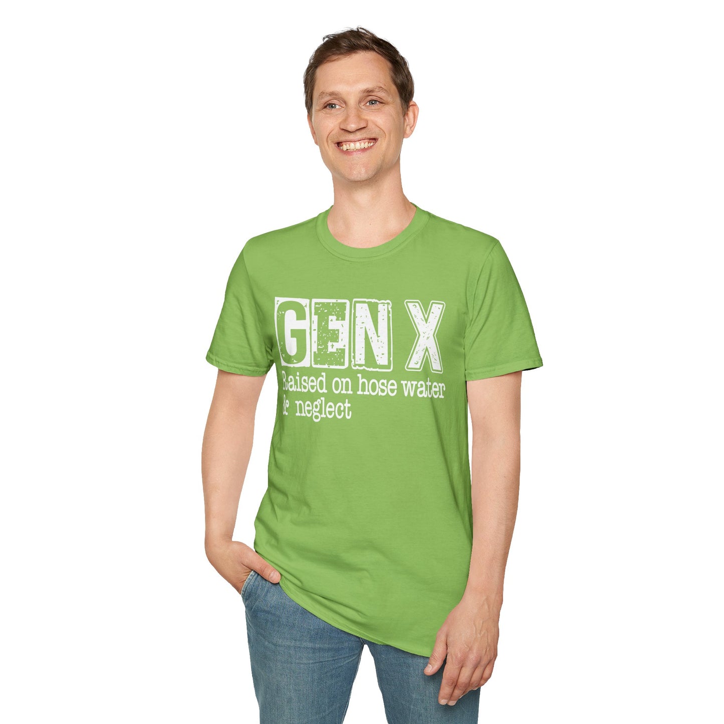 Gen X T-Shirt - Raised on Hose Water & Neglect, Unisex Softstyle Tee