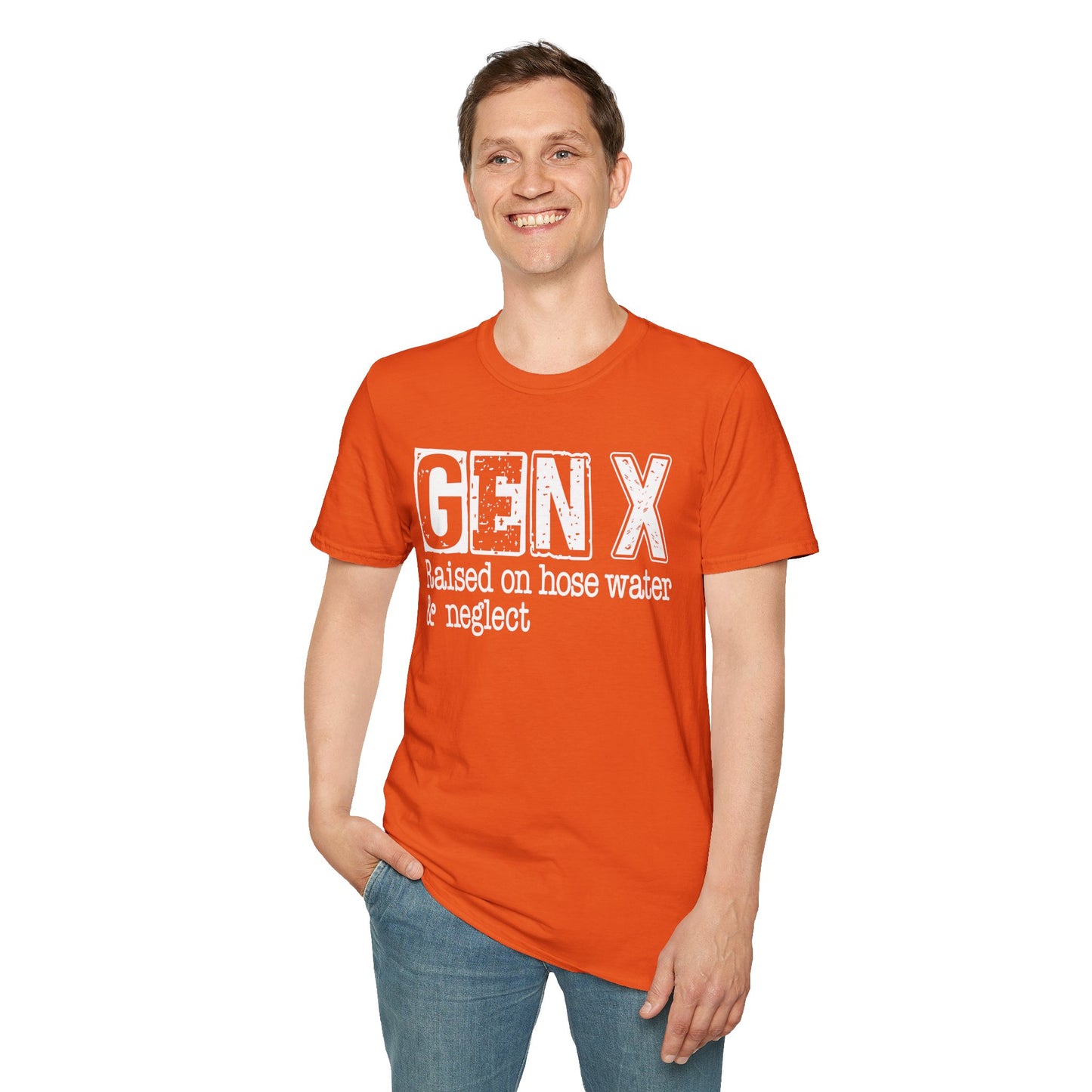 Gen X T-Shirt - Raised on Hose Water & Neglect, Unisex Softstyle Tee