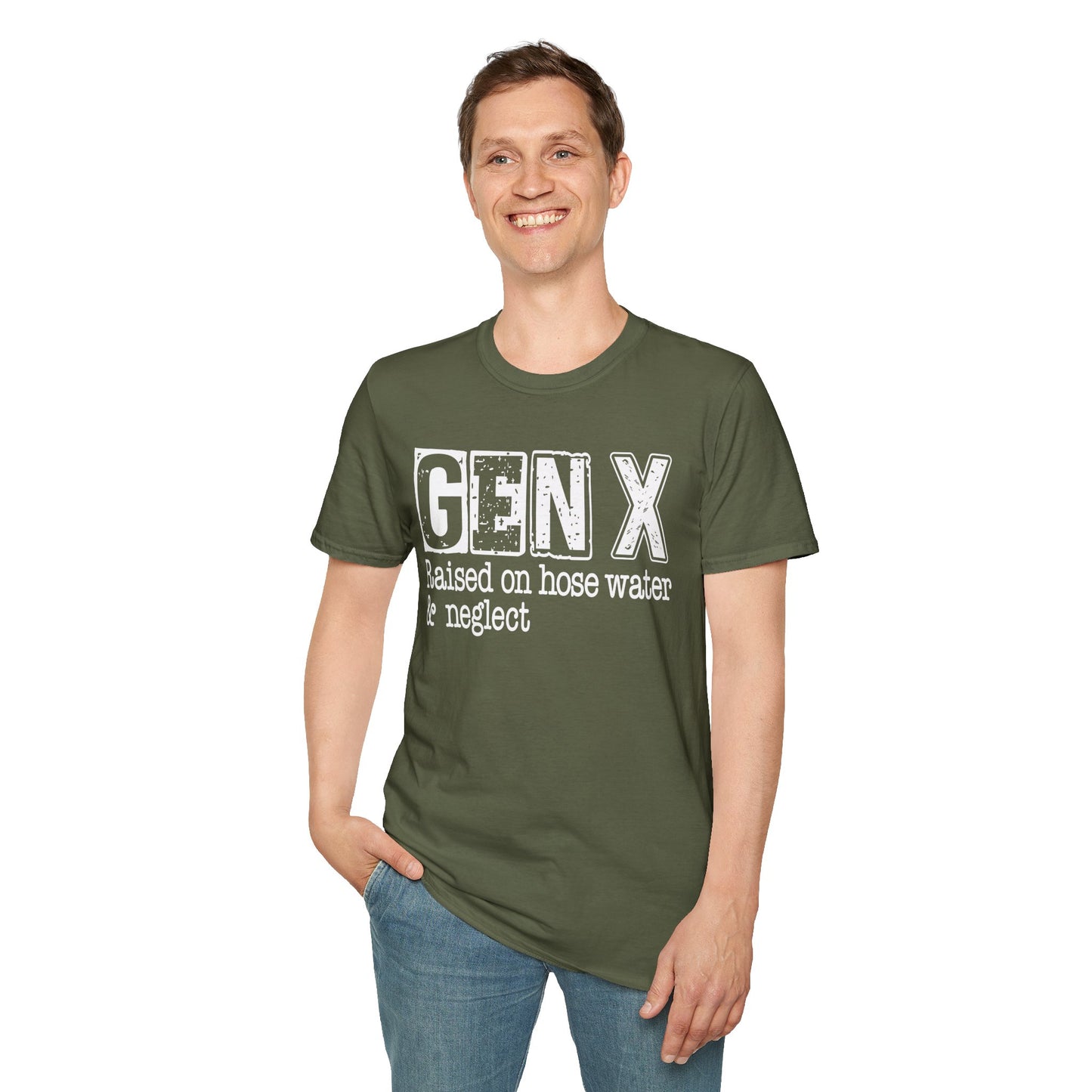 Gen X T-Shirt - Raised on Hose Water & Neglect, Unisex Softstyle Tee