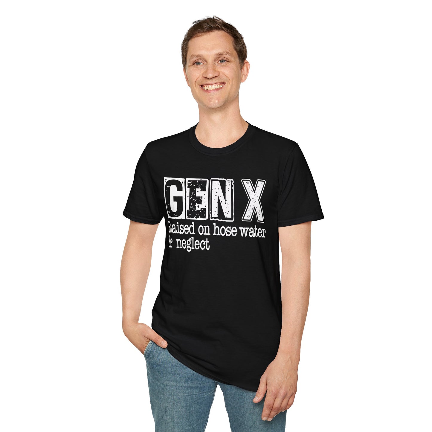 Gen X T-Shirt - Raised on Hose Water & Neglect, Unisex Softstyle Tee