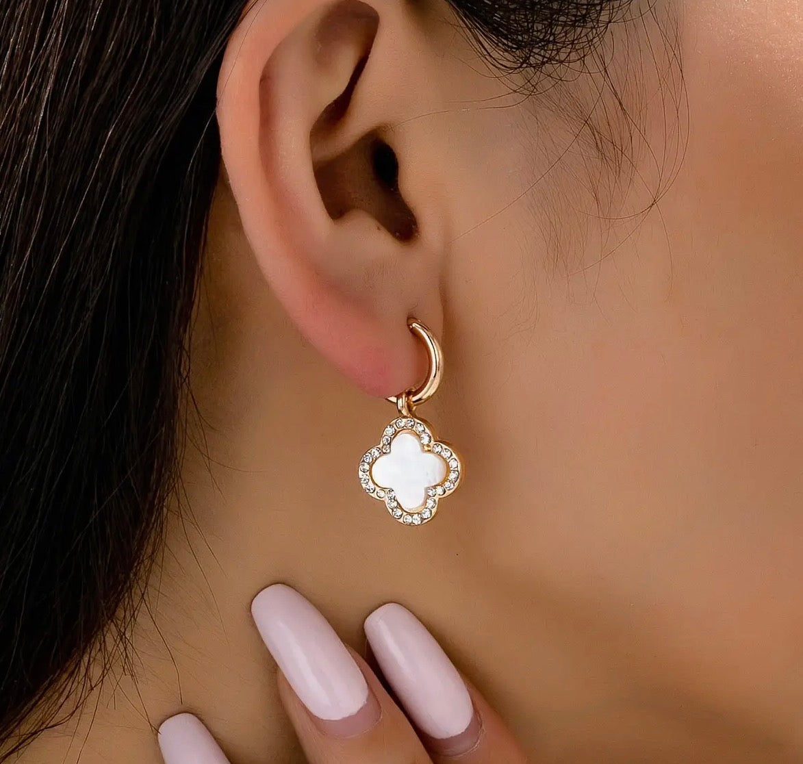 Gold Rhinestone Clover Drop Hoop Earrings