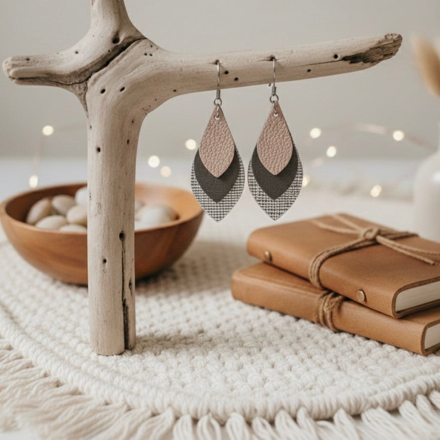 Skinny Layered Teardrop Earrings: Blush, Grey & Silver