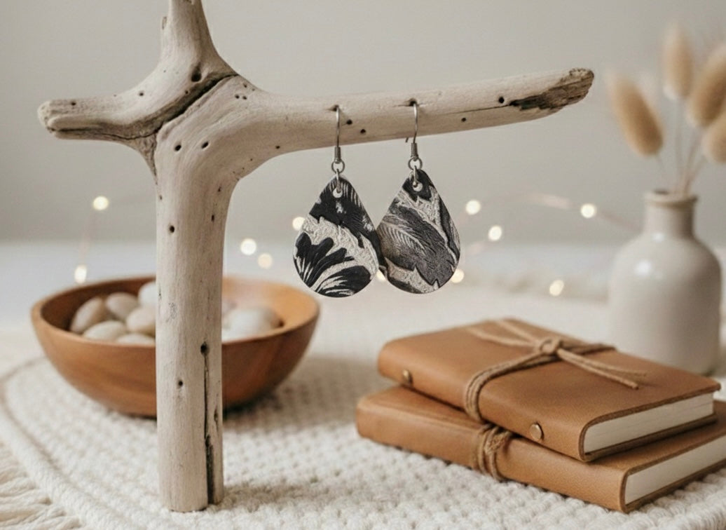 Small Teardrop Earrings: Cream & Black Tooled