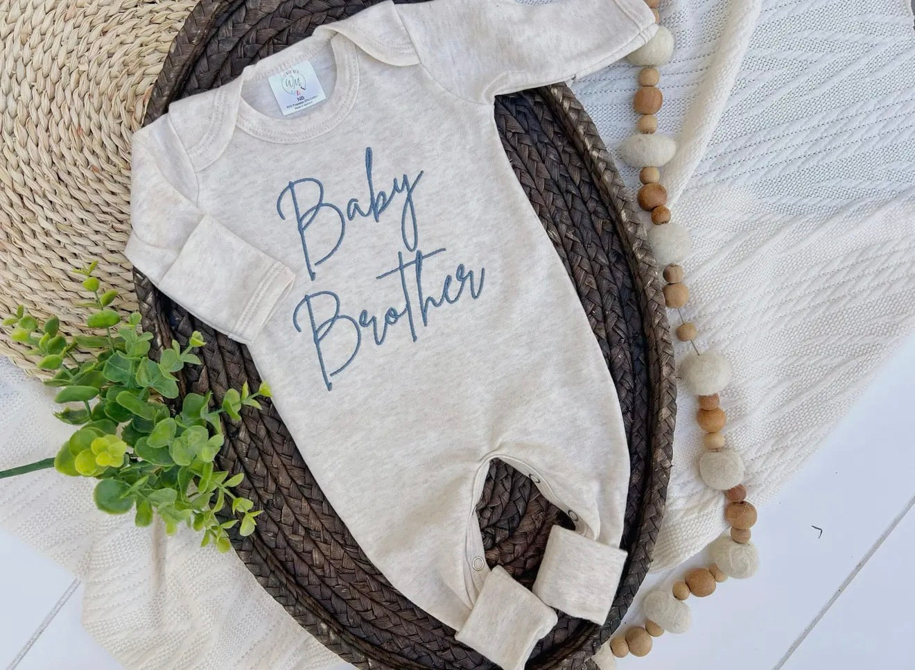 Baby Brother Blue Baby Announcement Embroidered Baby Romper