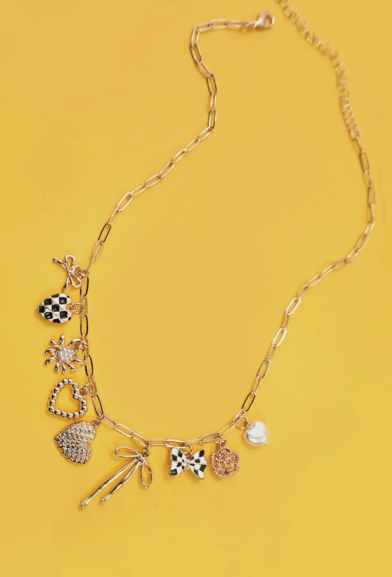 Bow Checker Heart Floral Charm Necklace