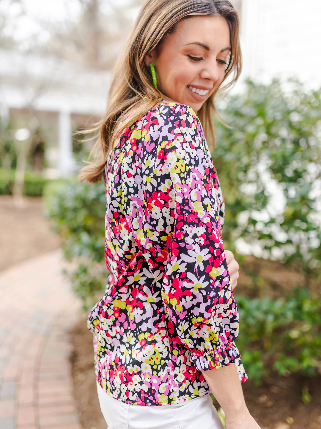 Michelle McDowell Spring Floral Ruffle Button Down Top