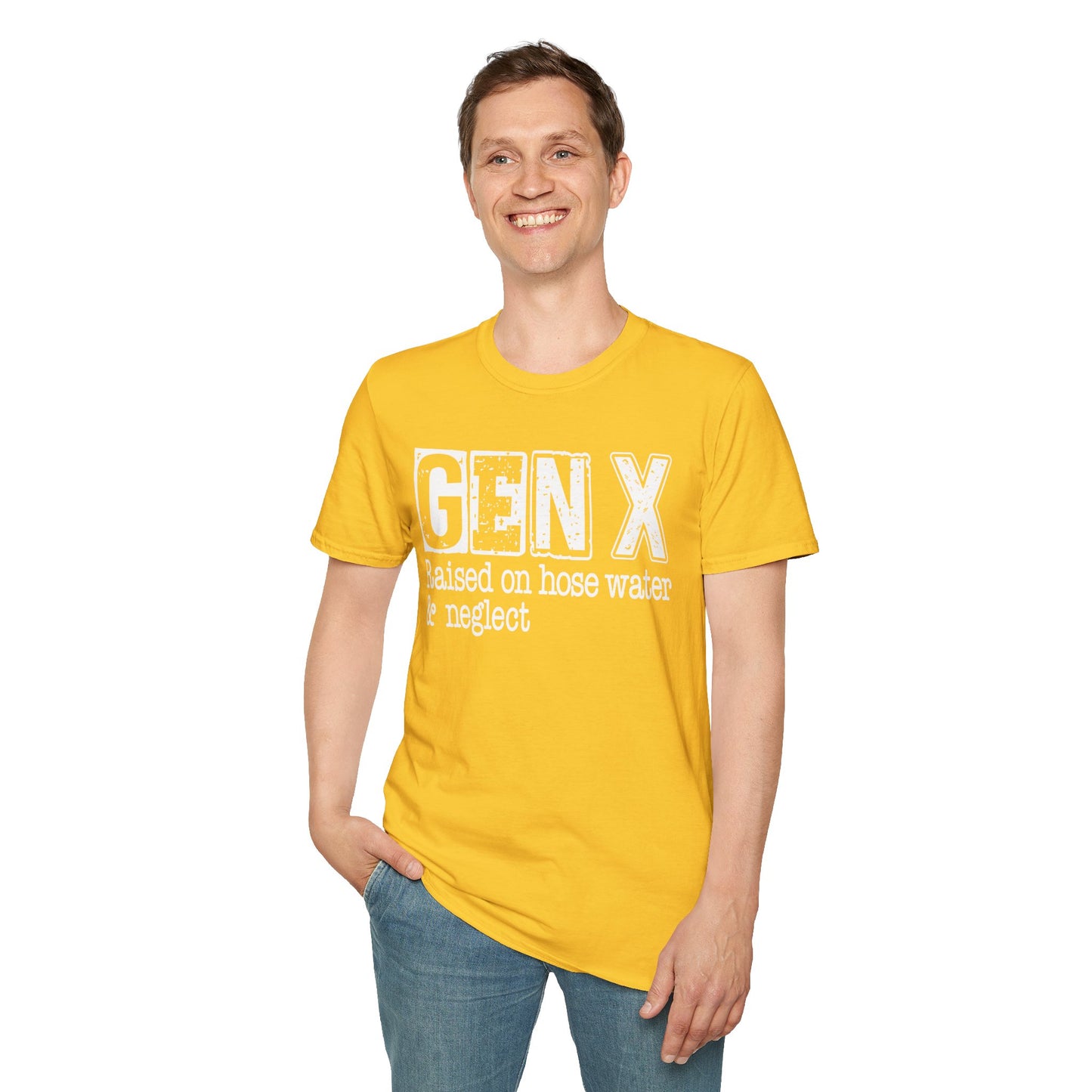Gen X T-Shirt - Raised on Hose Water & Neglect, Unisex Softstyle Tee