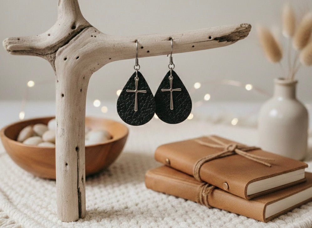 Small Teardrop Earrings: Black Leather w/Cross