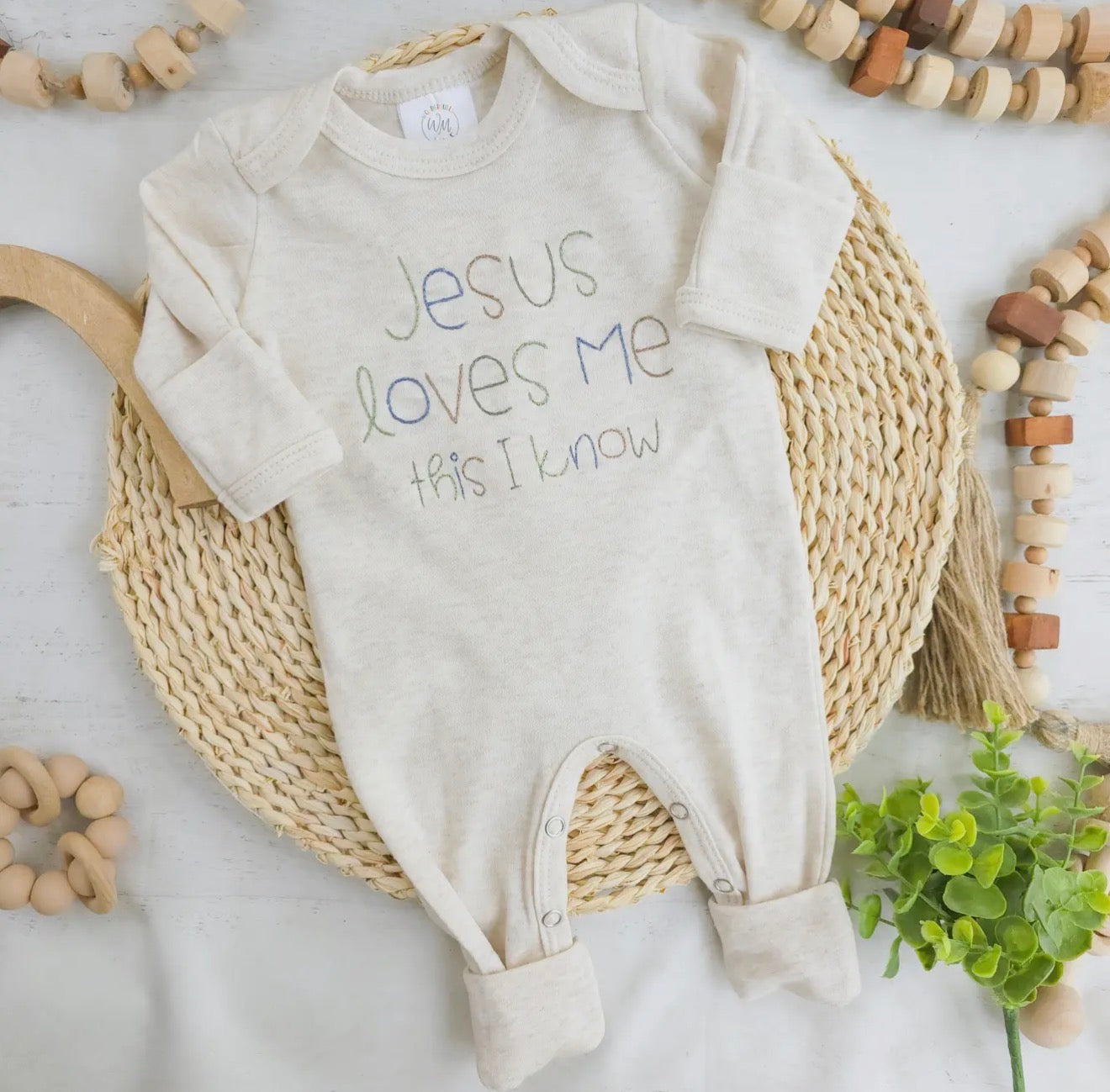 Jesus Loves Me Embroidered Romper-Blue