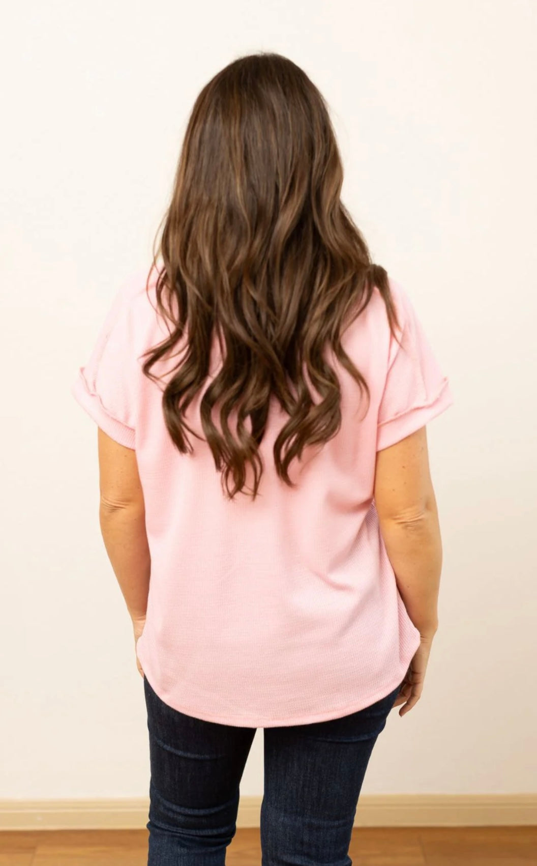 Waffle Knit V Neck Short Sleeve Top