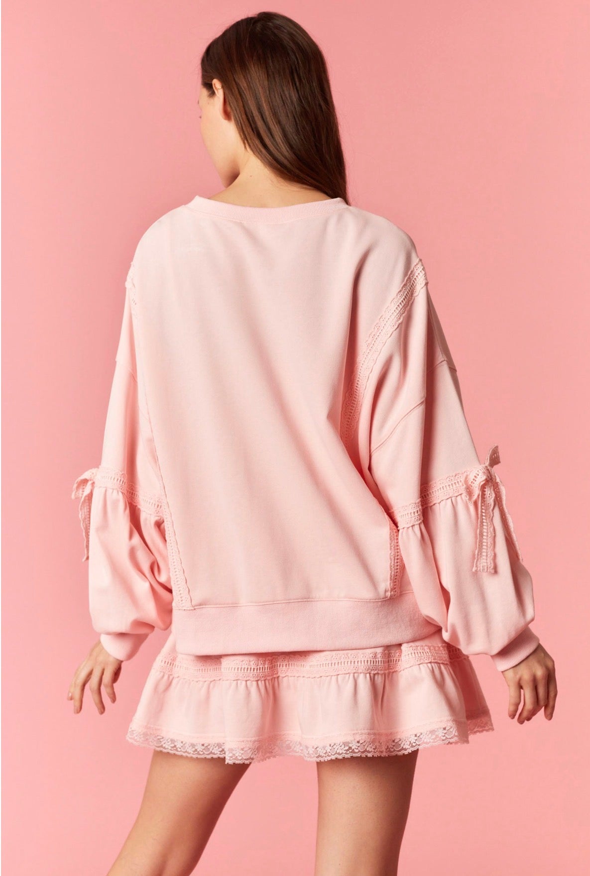 Scallop Trim Lace Detail Sweatshirt-Lt Pink