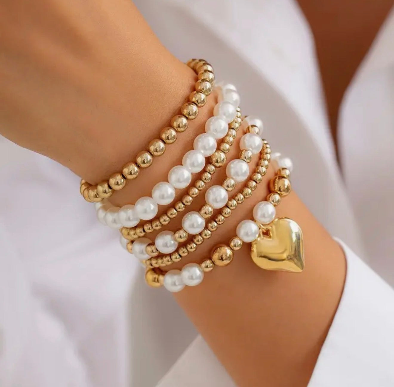 Multilayer Ball Pearl Chain Bead Heart Bracelet