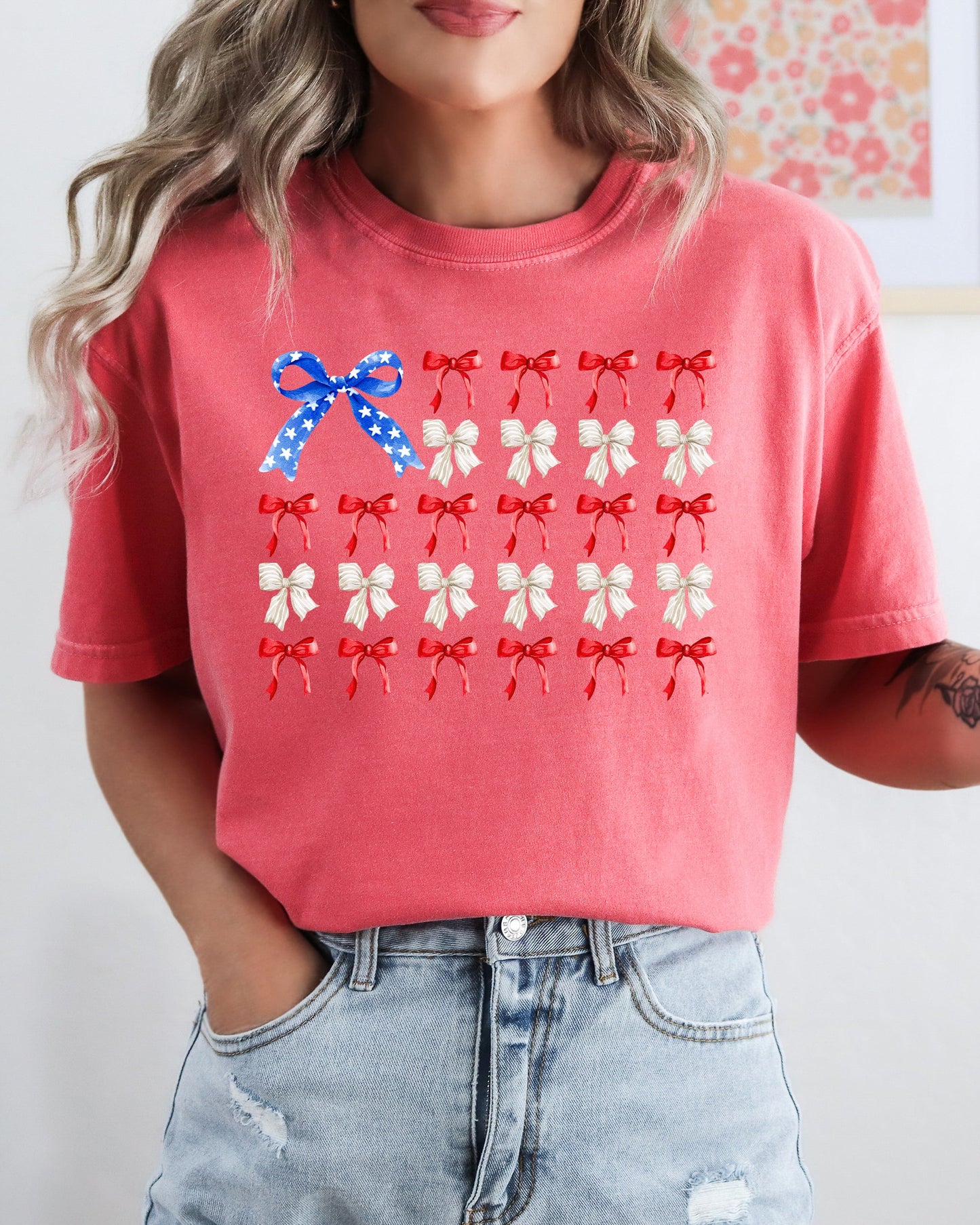 Flag Ribbons and Bows, America, Fourth Of July, Red White Blue, USA, Patriotic, Girly, Coquette, Trendy Shirt Comfort Colors T-Shirt