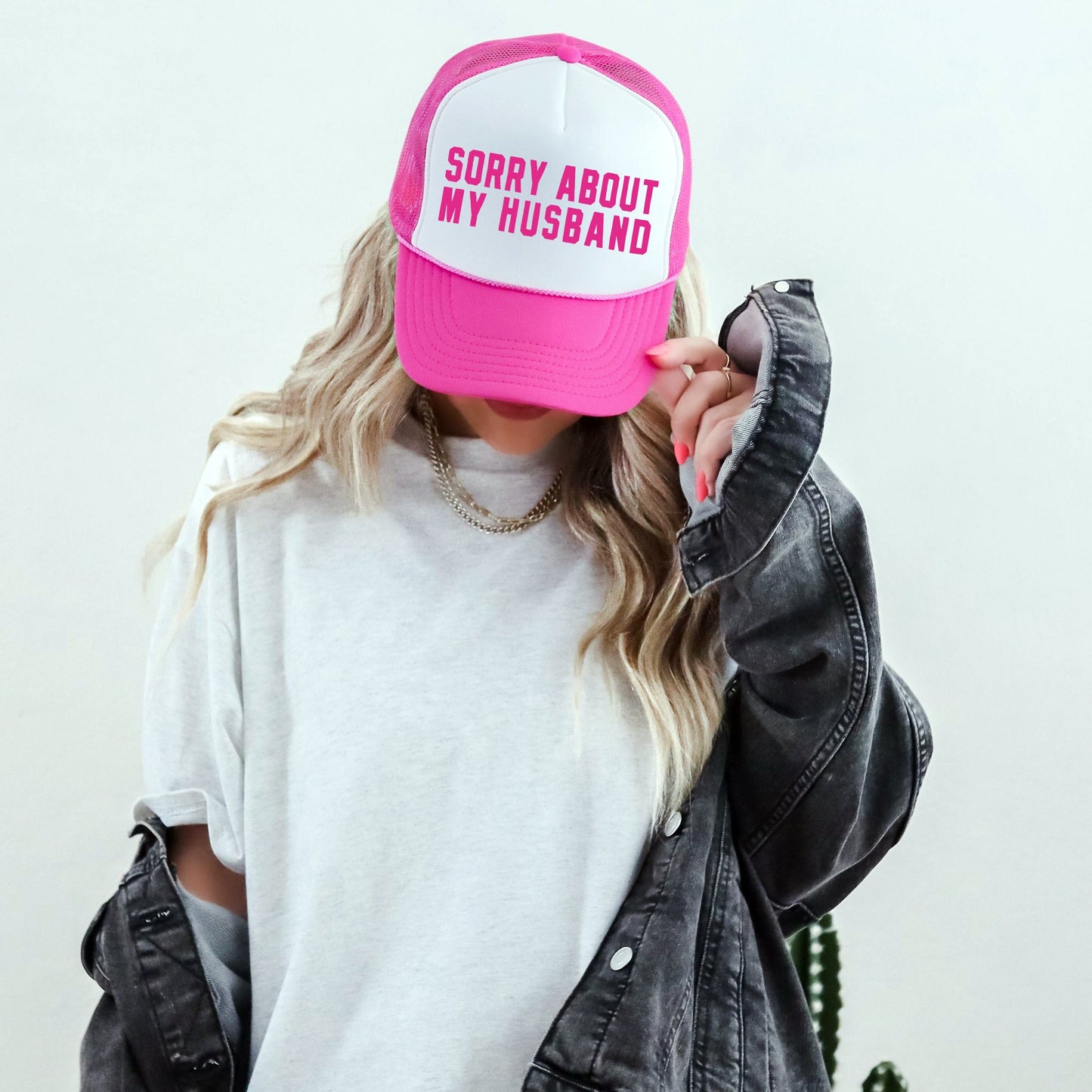 Sorry About My Husband, Sassy, Funny, Bright Pink Snapback Trucker Hat