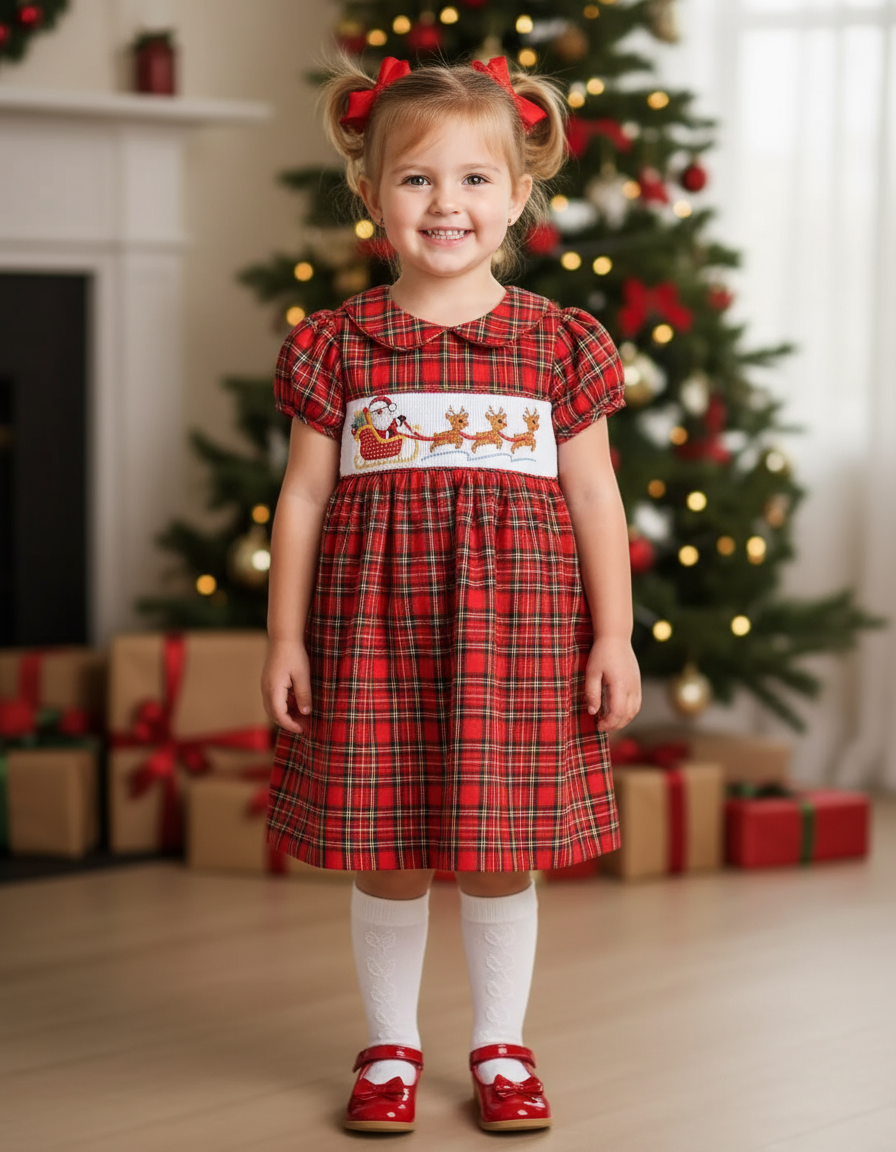 Red Christmas Plaid Santa Sleigh Smocked Dress