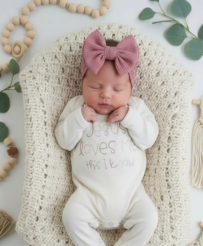 Jesus Loves Me Embroidered Romper-Pink