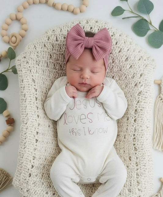 Jesus Loves Me Embroidered Romper-Pink