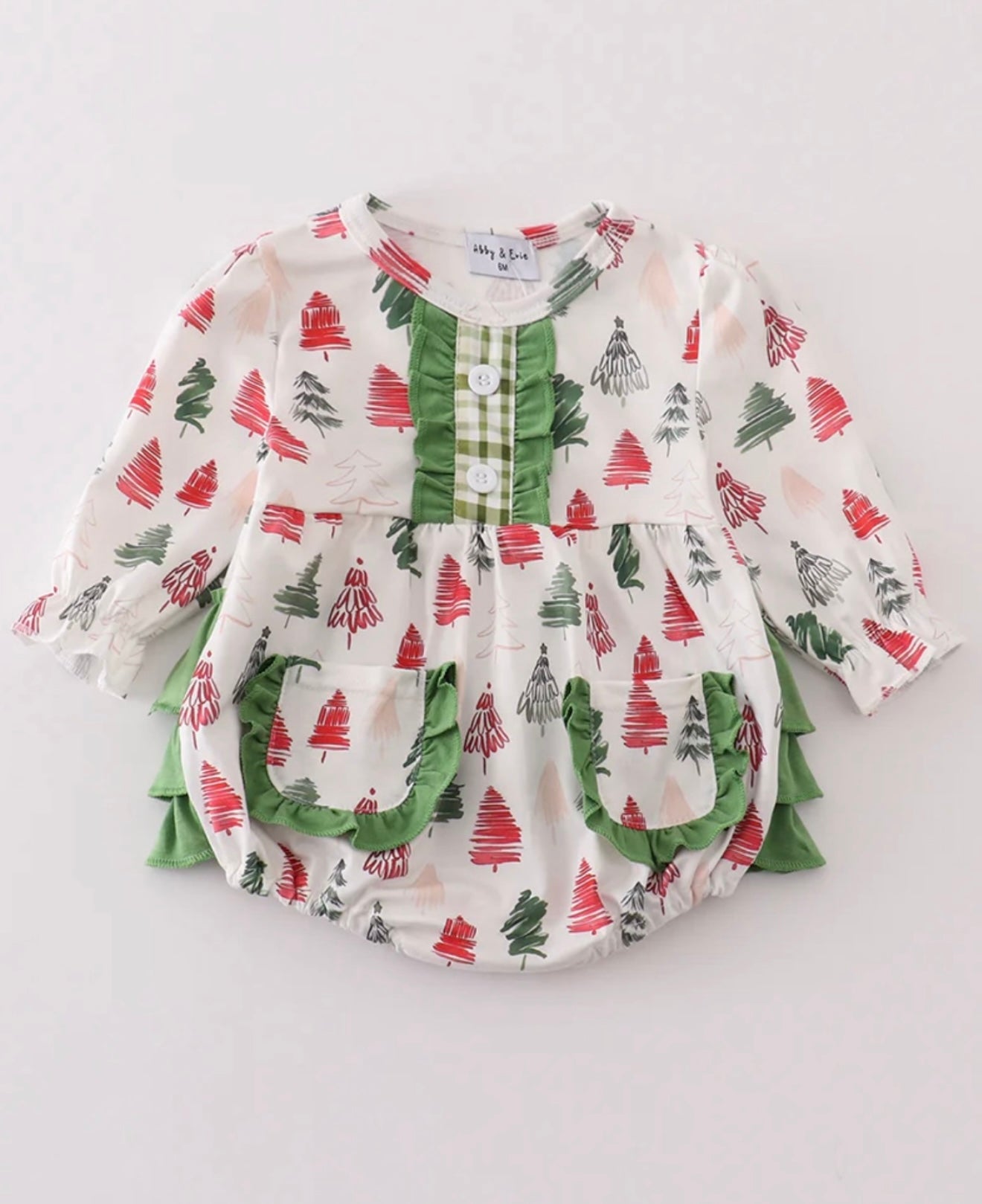 Green Christmas Tree Print Girl Ruffle Bubble