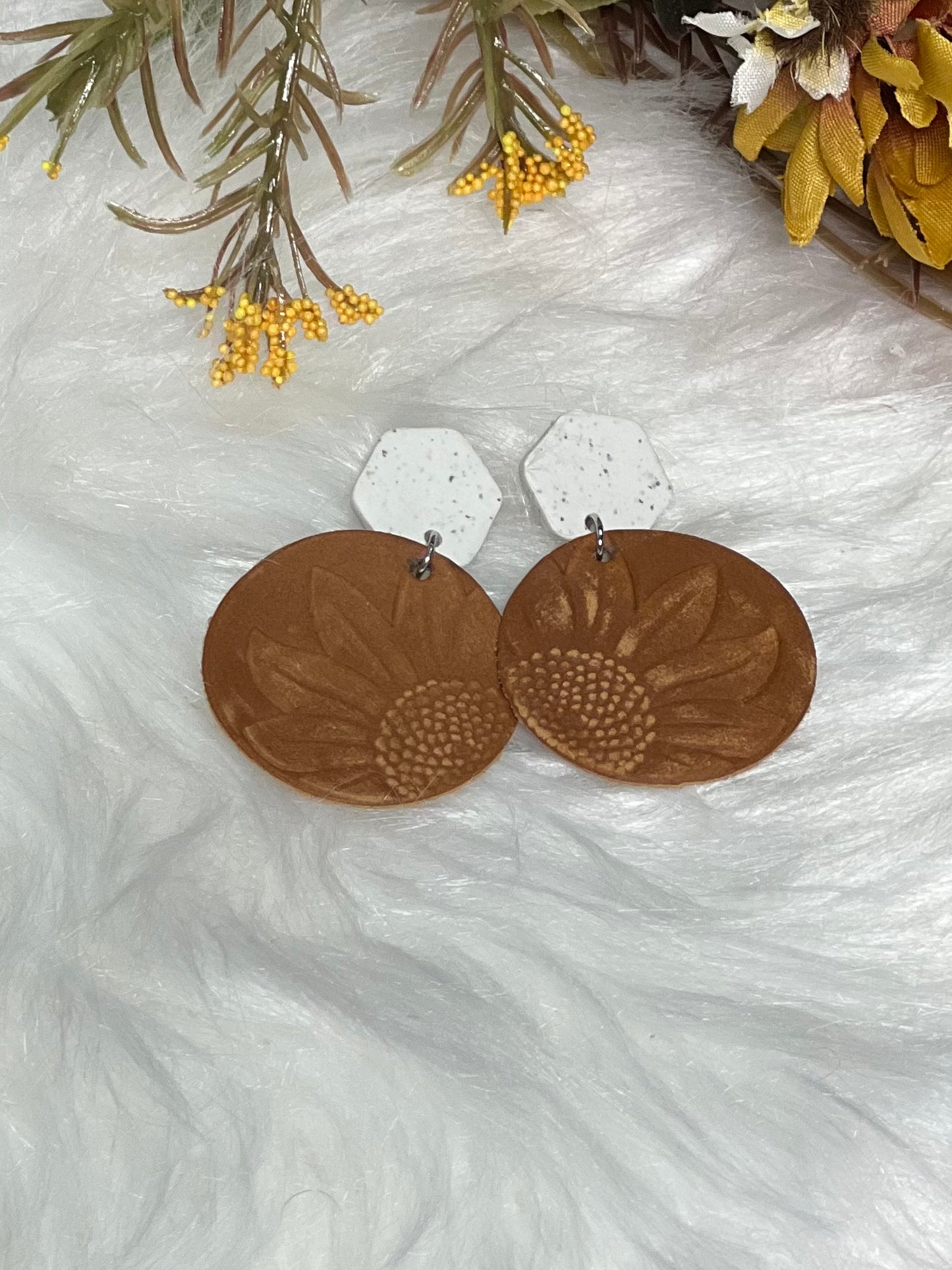 Leather Dangle Sunflower Earrings | Clay Sunflower Earrings | Sunflower Earrings | Clay Earrings