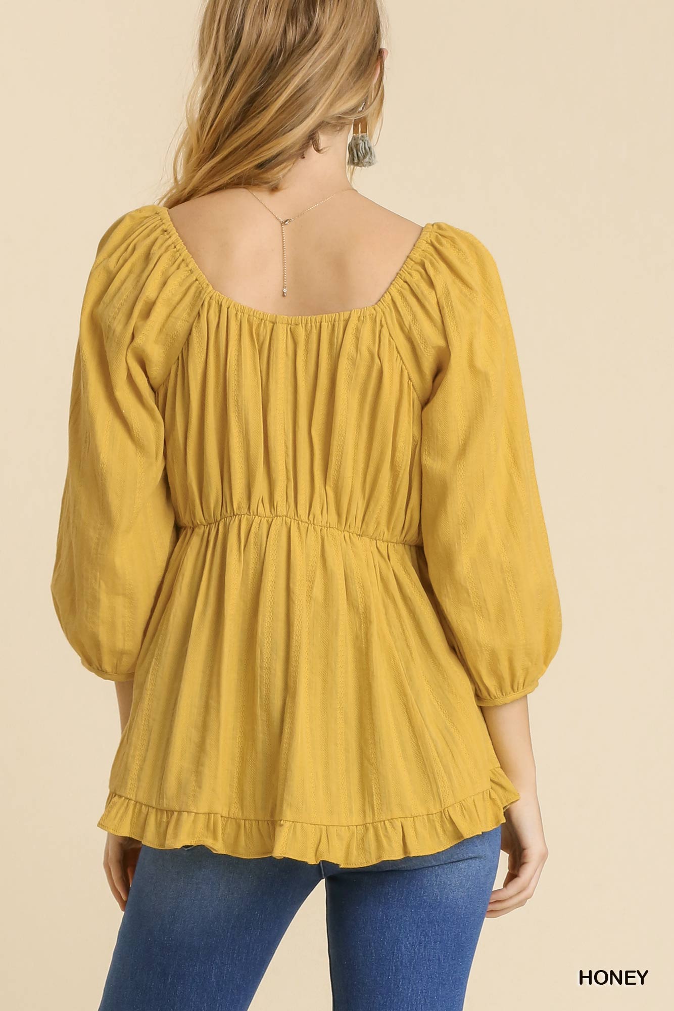 Elastic Band 3/4 Sleeve Fabric Pleat Texture Top with Ruffle Hem-Mustard