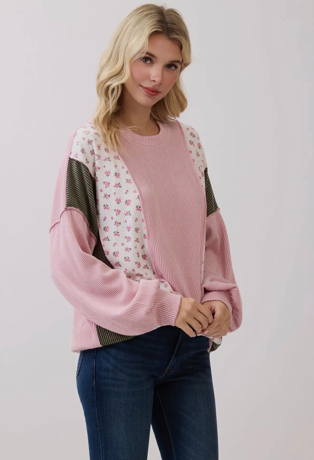 Rib Knit Floral Color Block Pullover Top