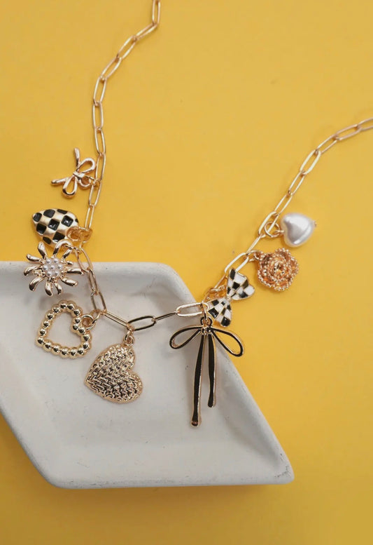 Bow Checker Heart Floral Charm Necklace
