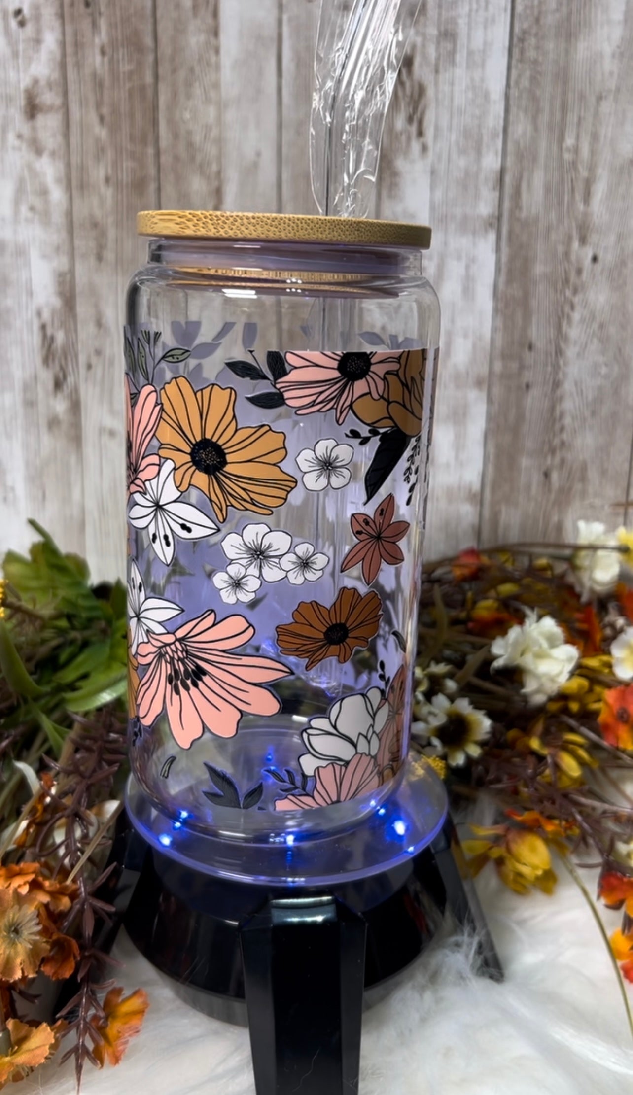 Boho Floral Libby Glass Cup Tumbler | 16 oz Glass Tumbler | Wildflower Glass Can Tumbler | Glass Can With Bamboo and Straw | Daisies and Wildflowers | Gift for Her