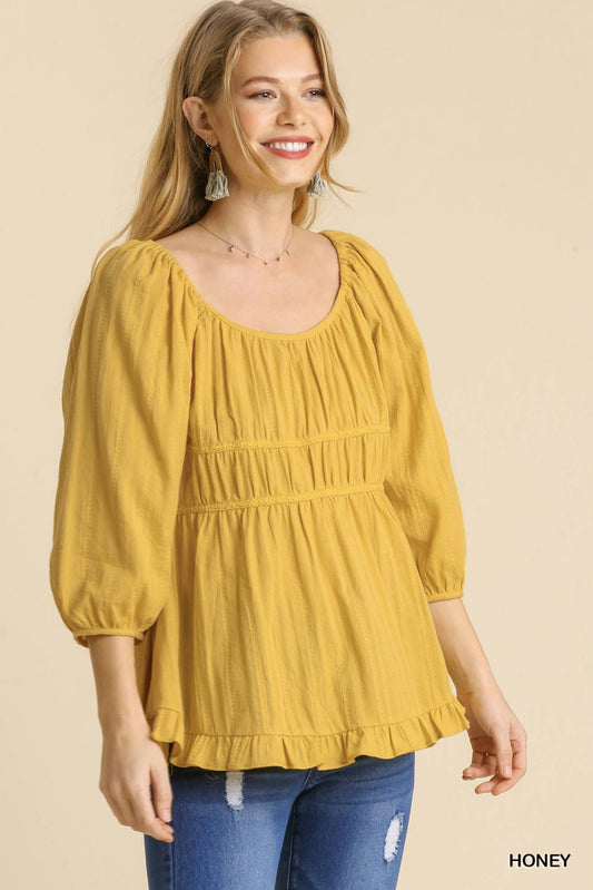 Elastic Band 3/4 Sleeve Fabric Pleat Texture Top with Ruffle Hem-Mustard