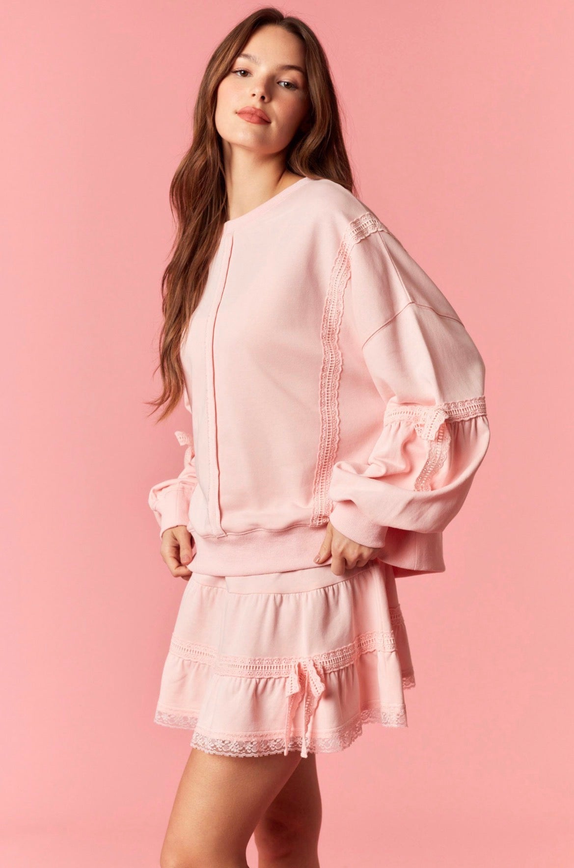 Scallop Trim Lace Detail Sweatshirt-Lt Pink