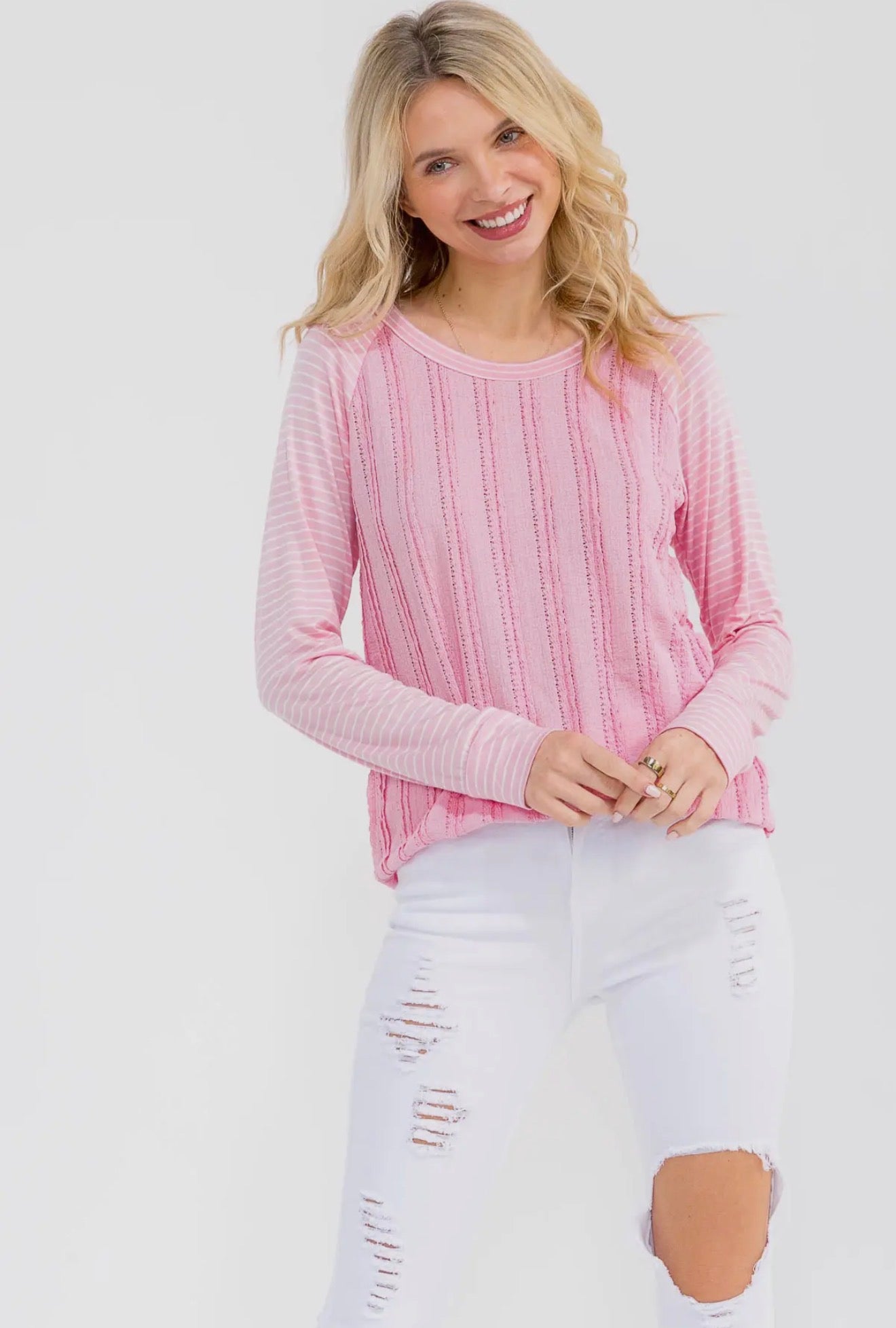 Striped Raglan Textured Knit Top