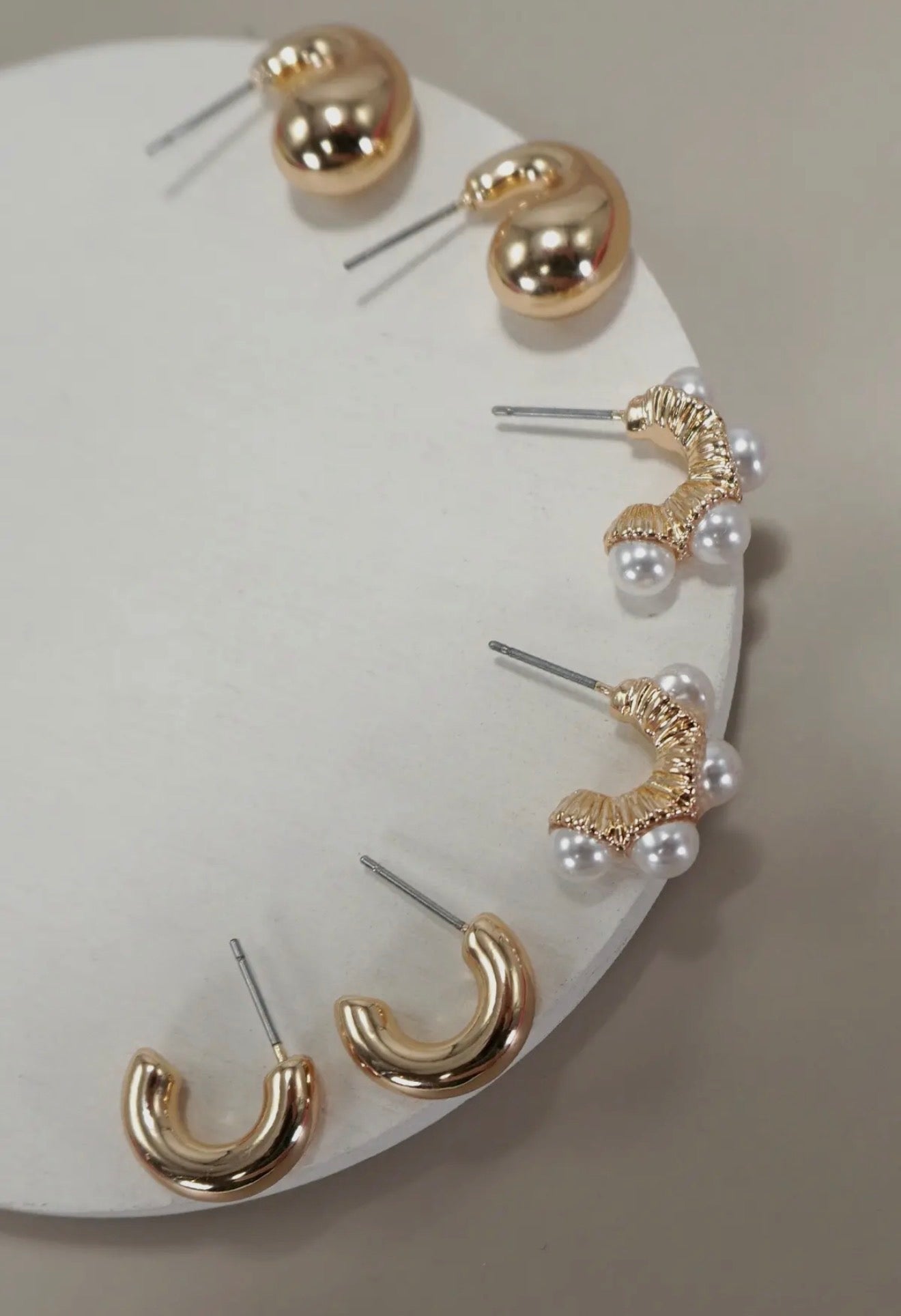 Trio Huggie Pearl Gold Hoop Earrings