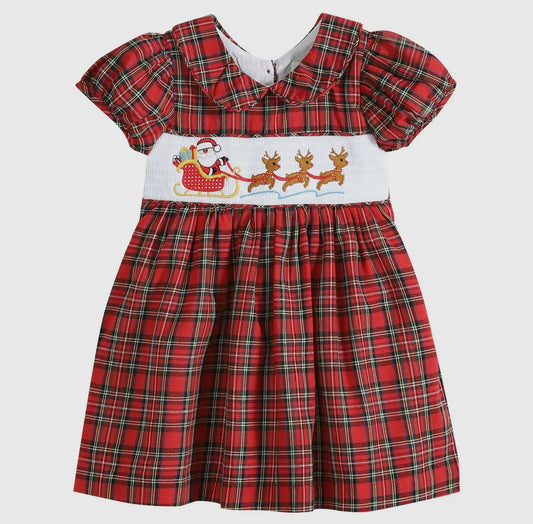 Red Christmas Plaid Santa Sleigh Smocked Dress