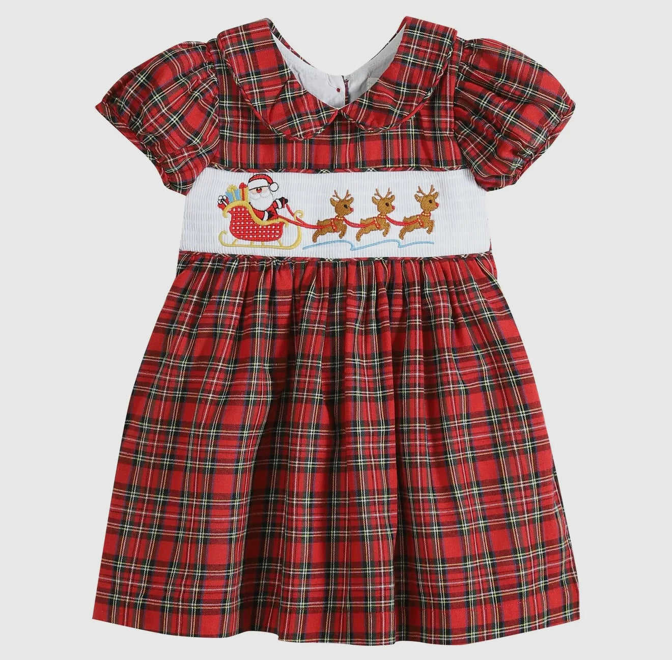 Red Christmas Plaid Santa Sleigh Smocked Dress