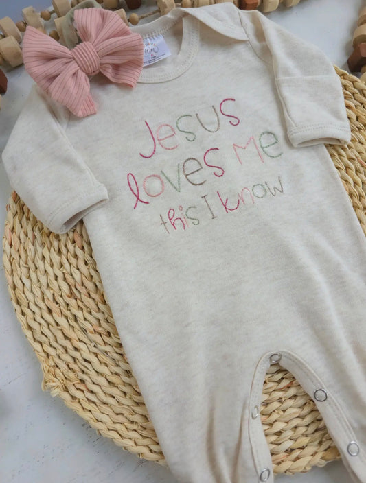 Jesus Loves Me Embroidered Romper-Pink