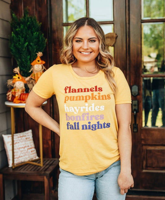 Flannels, Pumpkins, Hayrides, Bonfires, Fall Nights on Mustard Crewneck T-Shirt