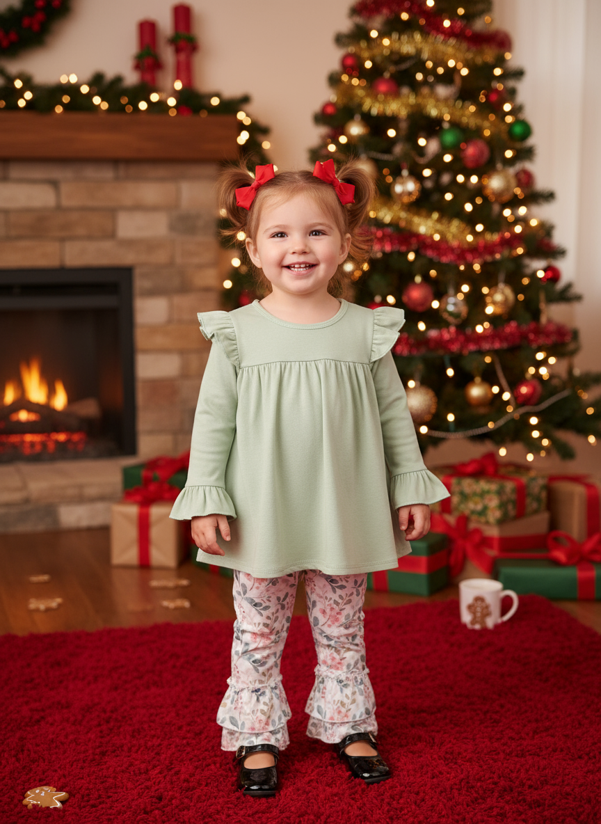 GREEN FLORAL VELVET RUFFLE SET