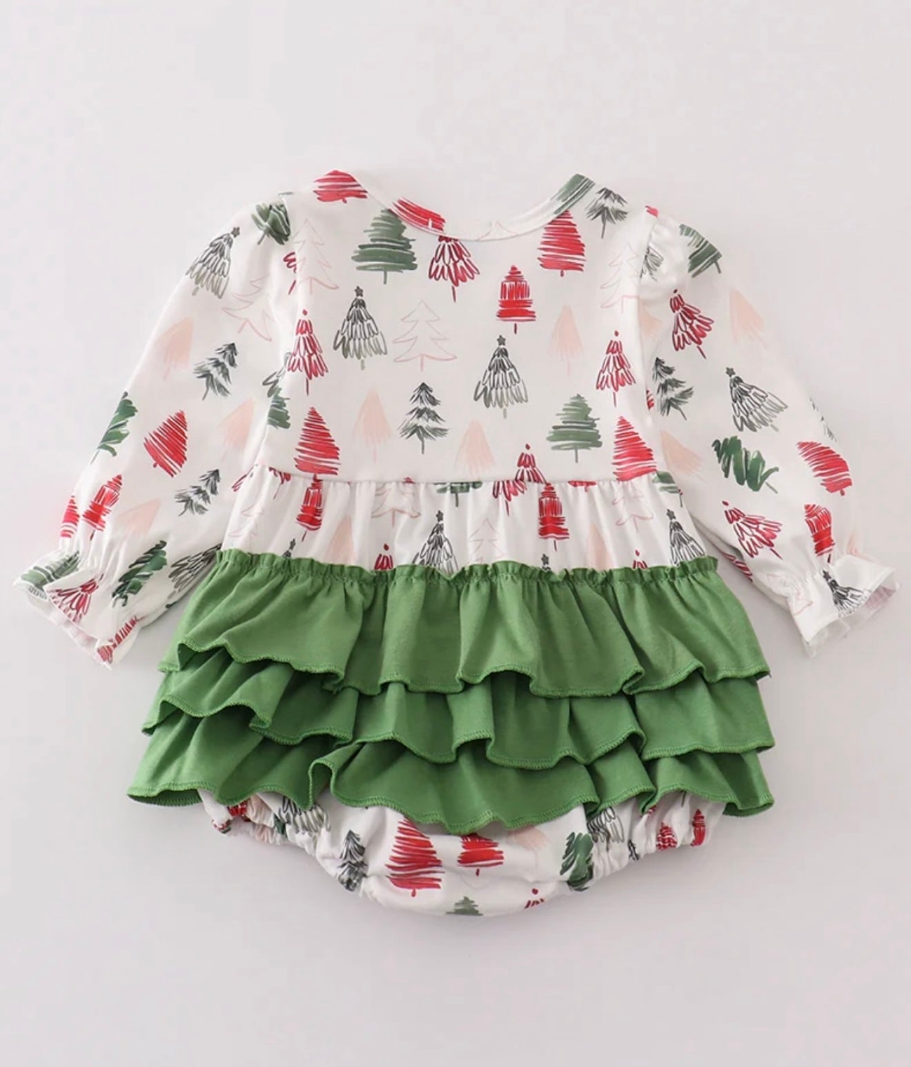 Green Christmas Tree Print Girl Ruffle Bubble