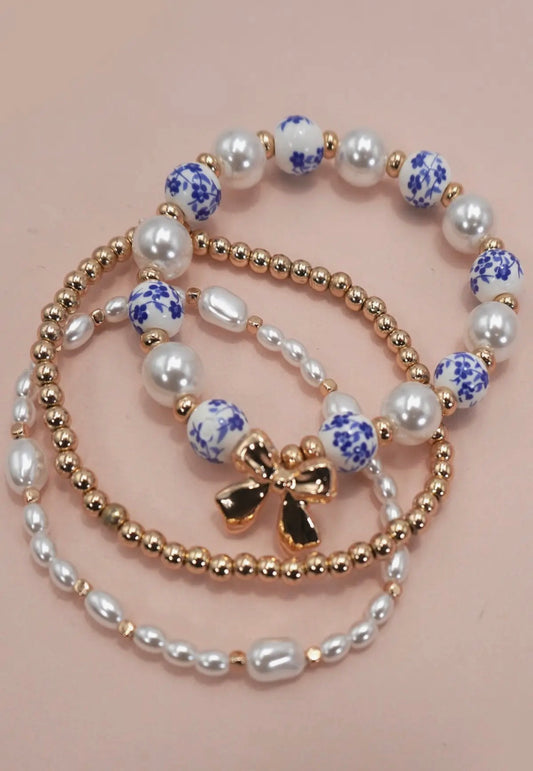 Blue Ceramic Porcelain Bow Multi Layer Bracelet