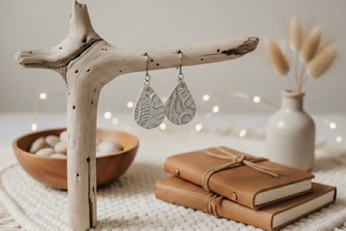 Small Teardrop Earrings: Cream & Platinum Tooled