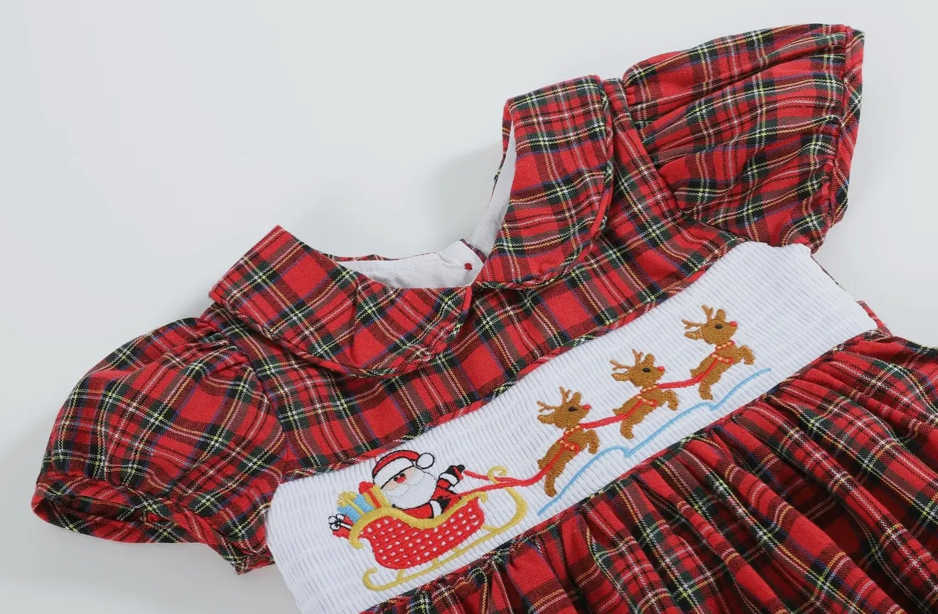 Red Christmas Plaid Santa Sleigh Smocked Dress