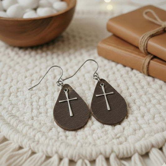 Small Teardrop Earrings: Brown Leather w/Cross