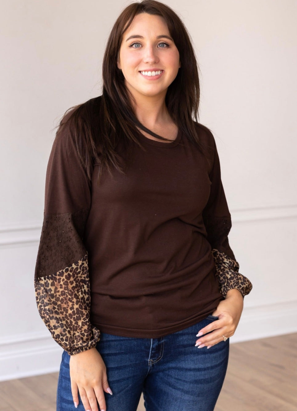 Brown Long Sleeve Top with Leopard Sleeve