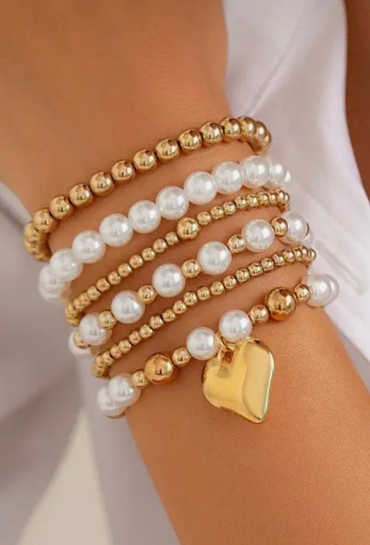Multilayer Ball Pearl Chain Bead Heart Bracelet