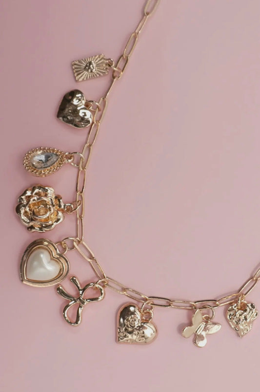 Bow Heart Rhinestone Flower Charm Necklace