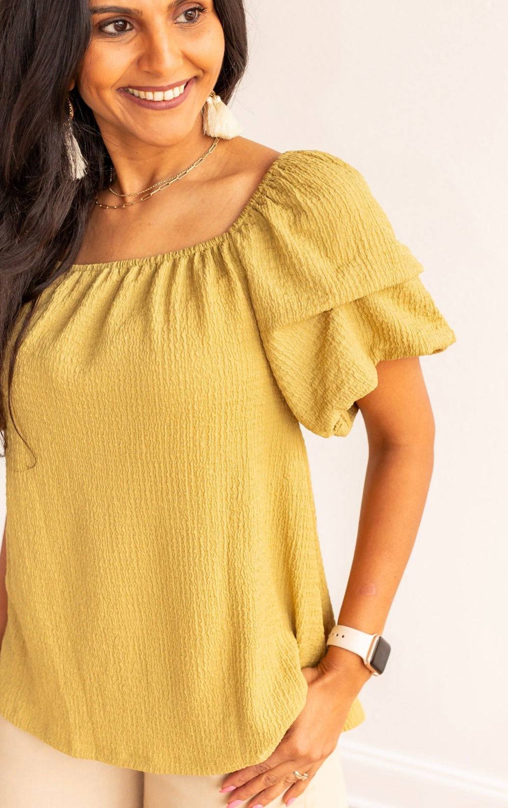 Green Puff Sleeve Short Sleeve Blouse