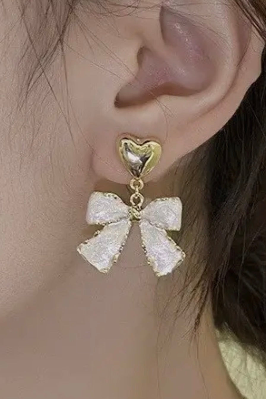 Bow Gold & Cream Heart Drop Earrings