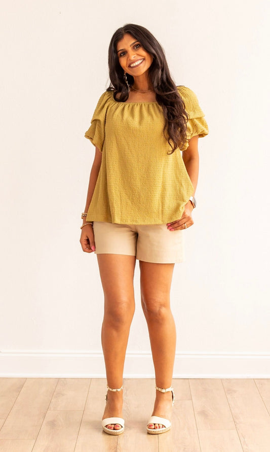 Green Puff Sleeve Short Sleeve Blouse