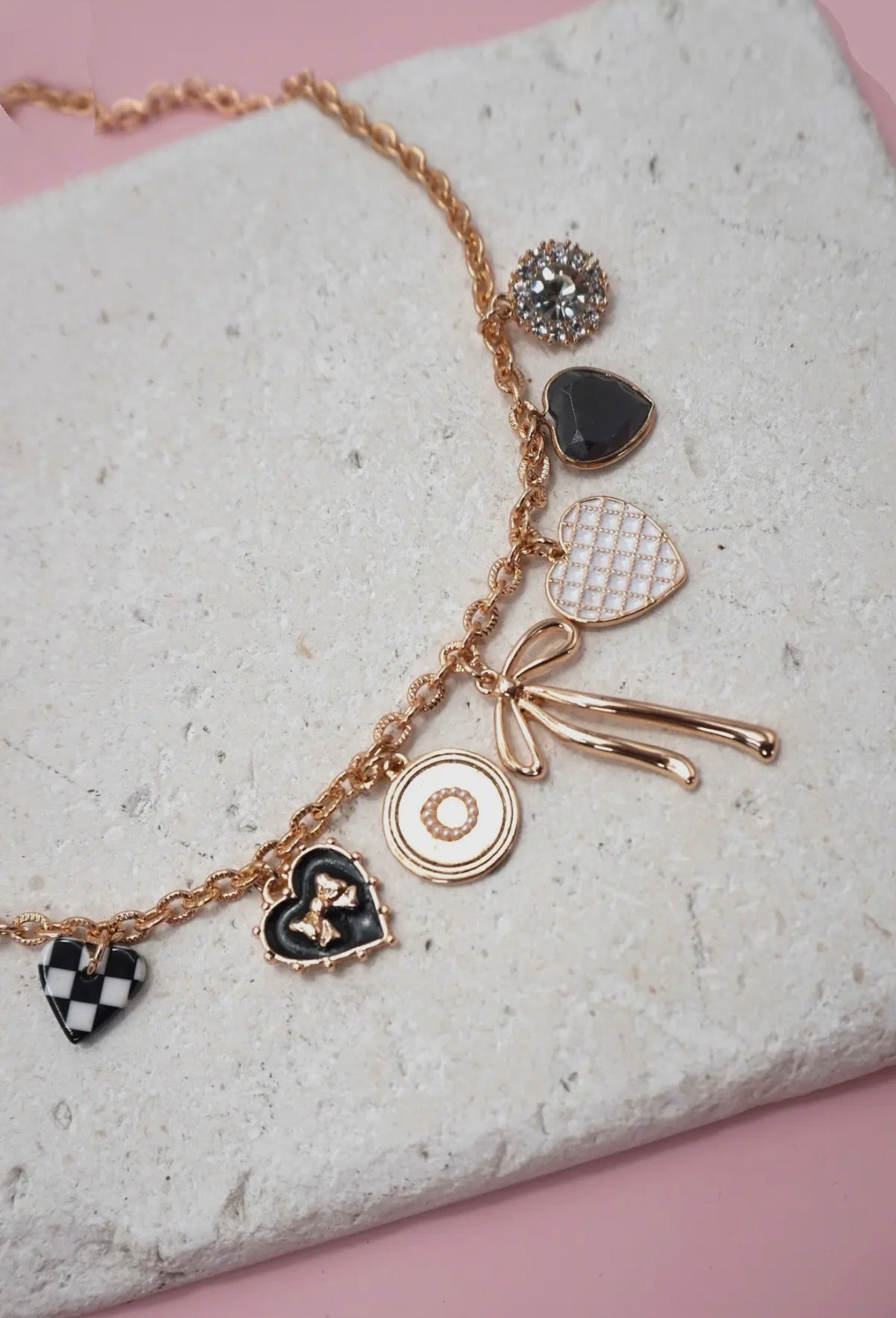 Bow Checker Heart Rhinestone Charm Necklace