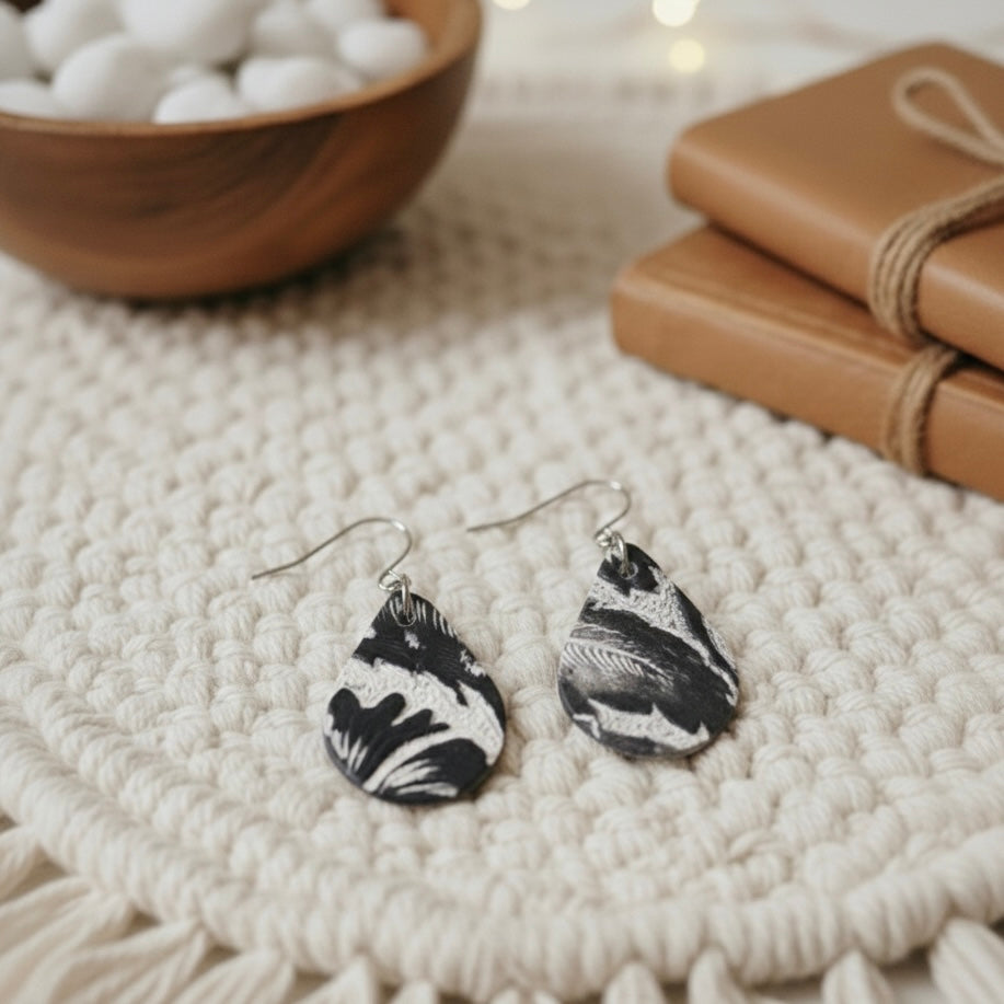 Small Teardrop Earrings: Cream & Black Tooled